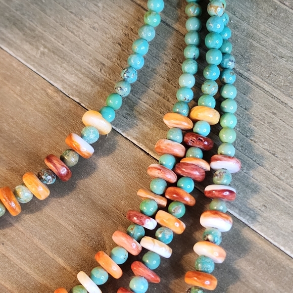 Navajo Helen Little Turquoise & Spiny Oyster Heishi 25" Double Strand Necklace - Picture 12 of 14